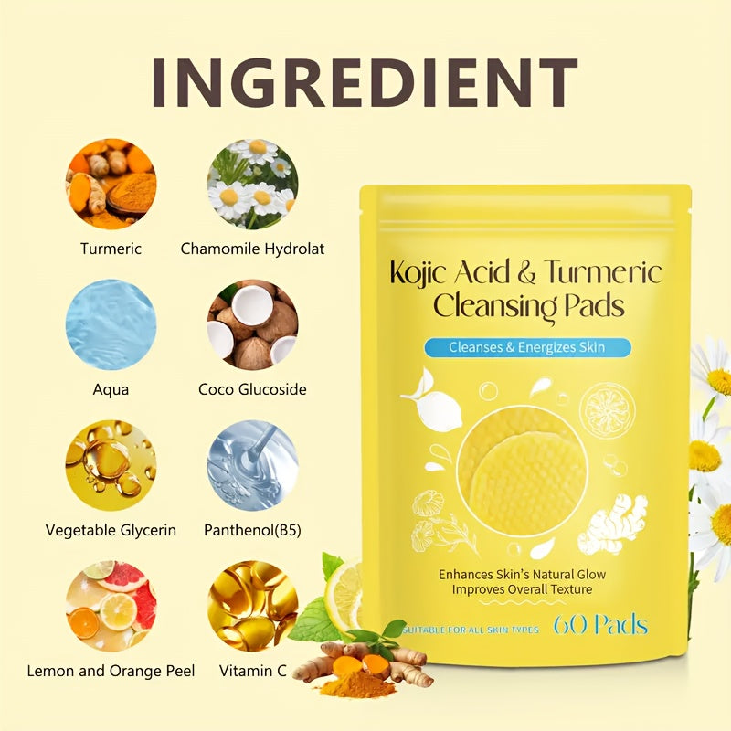 Kojic Acid & Turmeric Cleansing Pads: 60 Pads with Double-Sided Texture for All Light Beige Types - Gentle, Non-Irritating, And Infused with Curcumin, Chamomile, And Turmeric for A Natural Glow, Valentine's Day Gifts